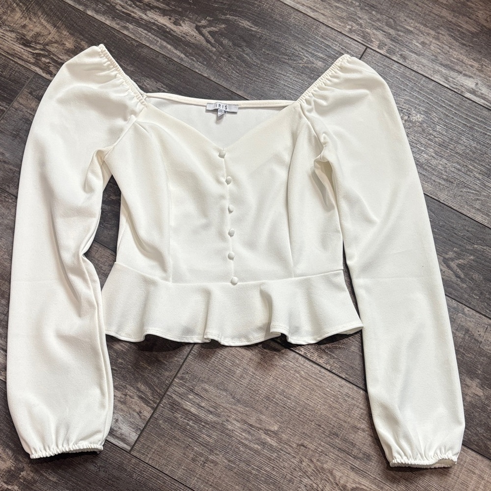 iris white Peplum Long-Sleeve Button Front Top